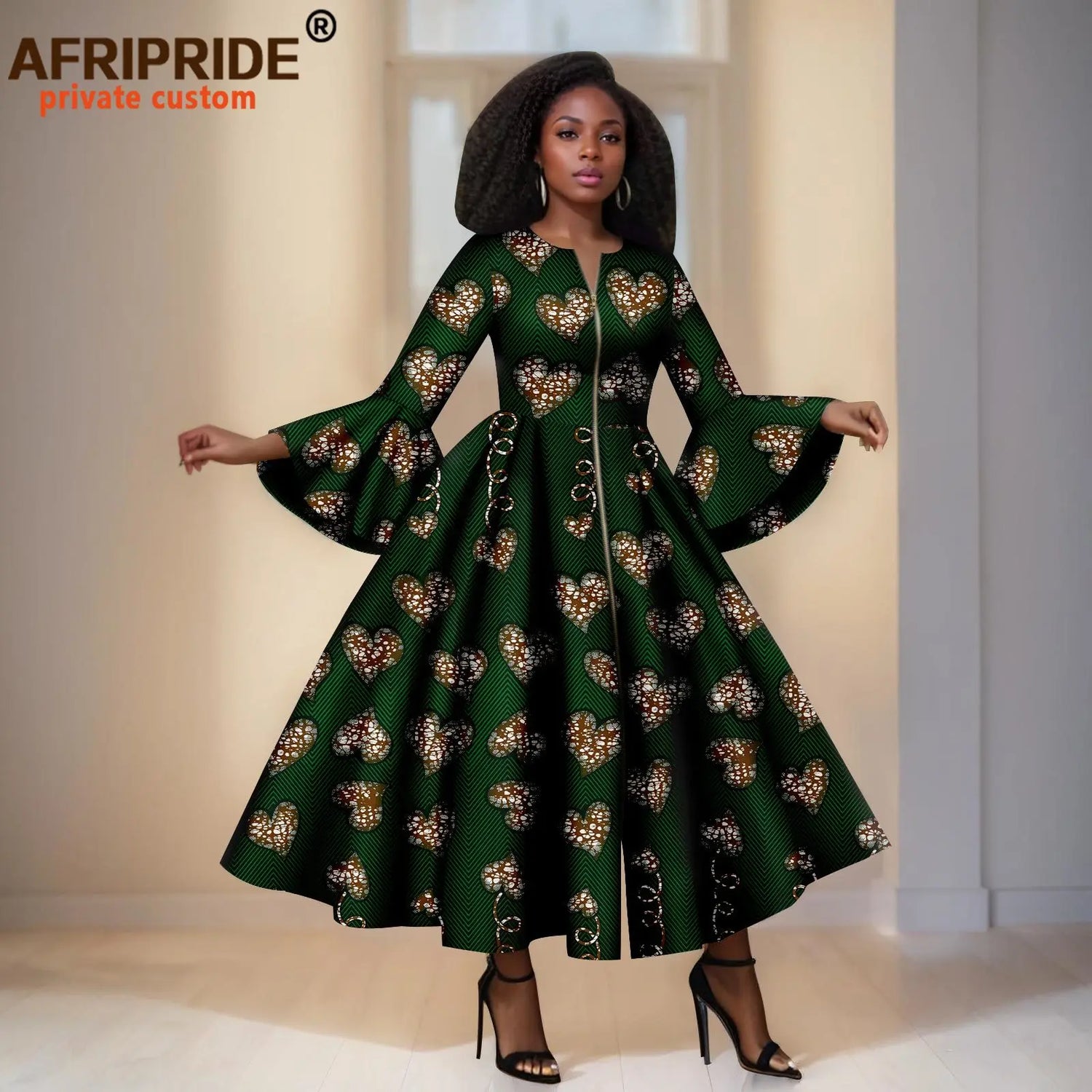 Green Ankara Maxi Dress  With Heart Details – Bell Sleeves &amp; Zipper Detail