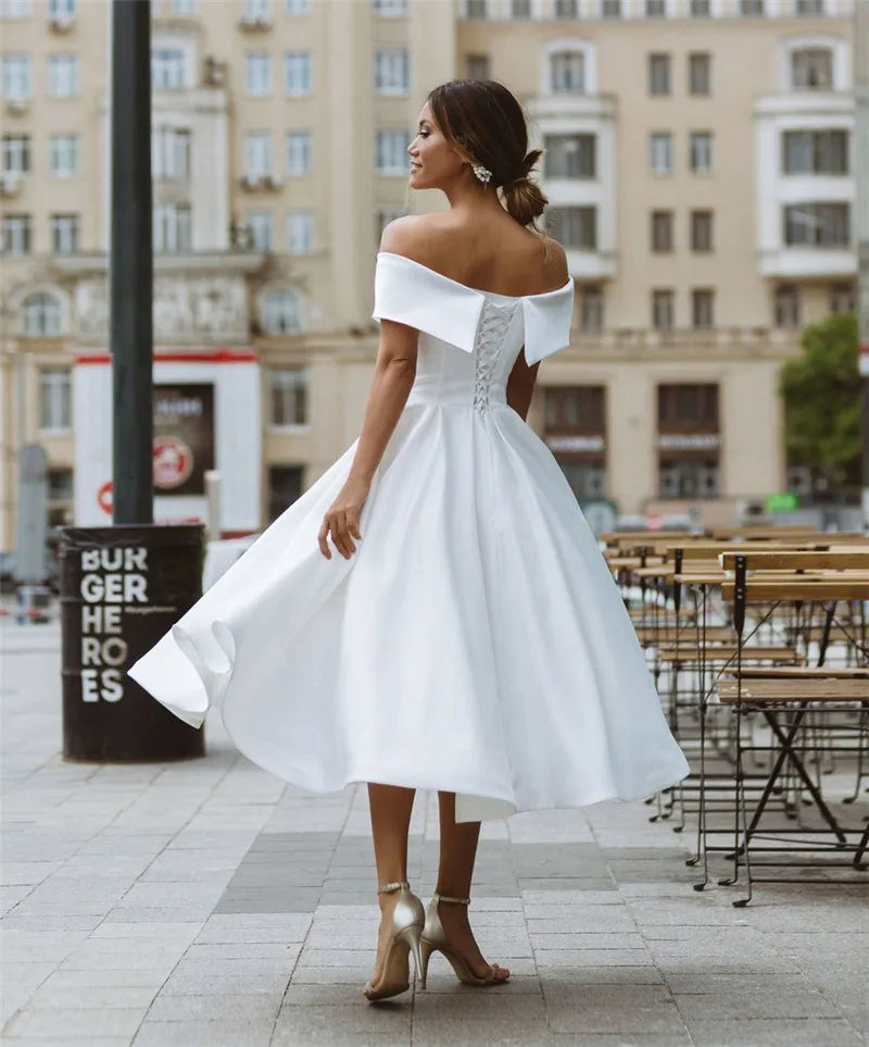 Off-The-Shoulder Sleeveless A-Line Tea-Length Wedding Dress White / US 14W Off-The-Shoulder Sleeveless A-Line Tea-Length Wedding Dress White / US 14W