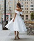 Elegant and chic white off-shoulder Midi dress for Weddings, partys .