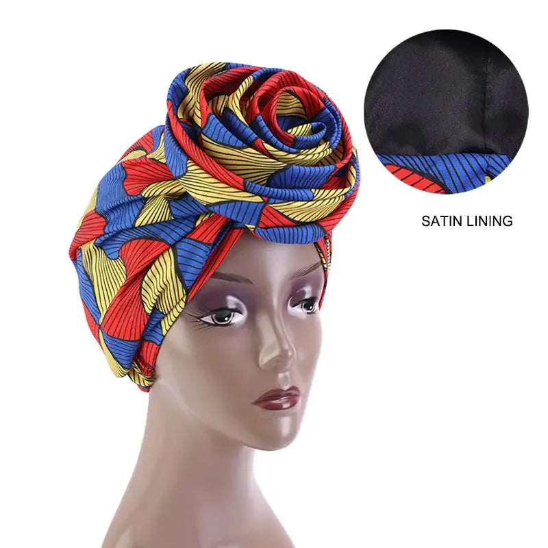 Big Flower Ankara Head Wrap with Satin Lining