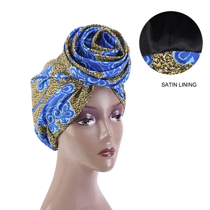 Big Flower Ankara Head Wrap with Satin Lining