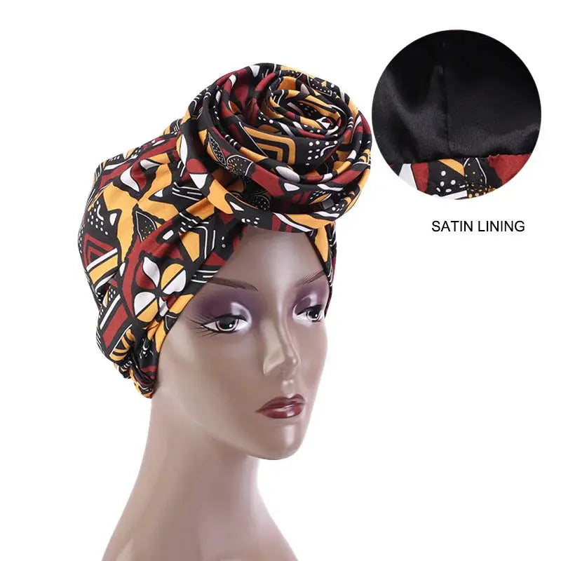 Big Flower Ankara Head Wrap with Satin Lining