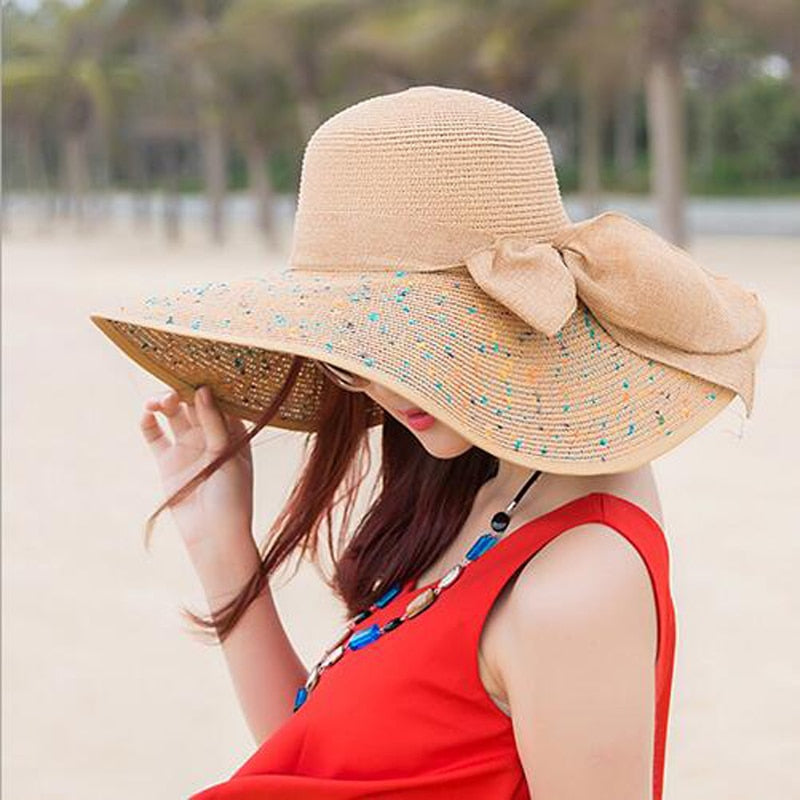 New Straw Hat Ribbon Bowknot with Wide Brim