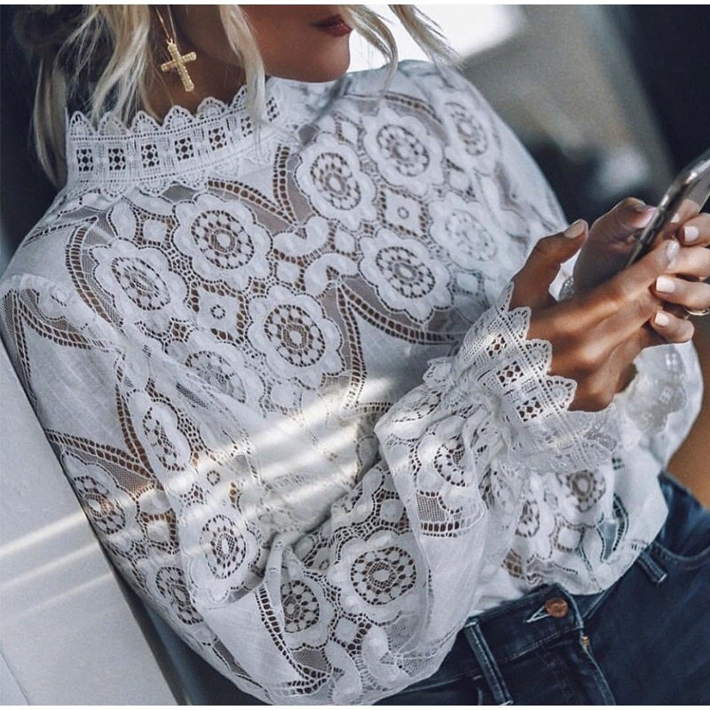Elegant Lace Crochet Blouse with Lantern Sleeve
