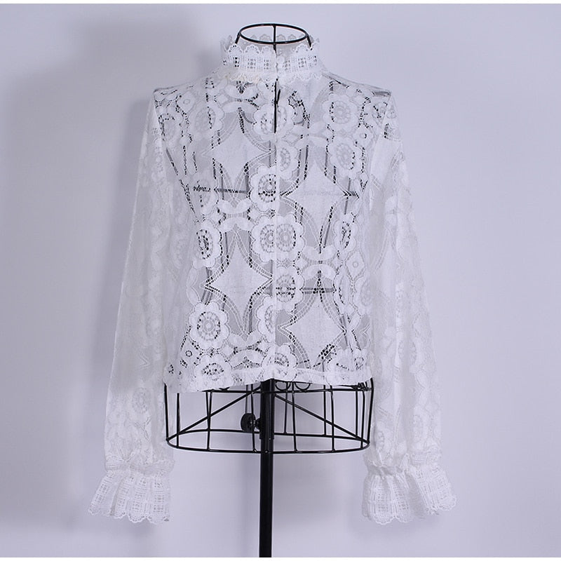 Elegant Lace Crochet Blouse with Lantern Sleeve