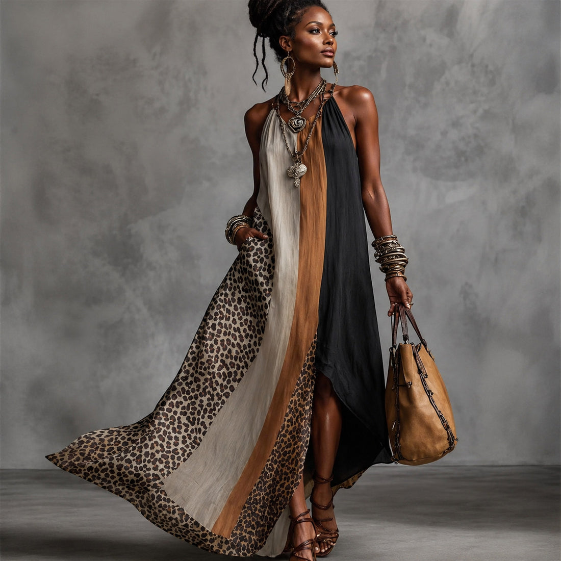 Halter Split Hem Maxi Sleeveless Dress Patchwork Animal Print
