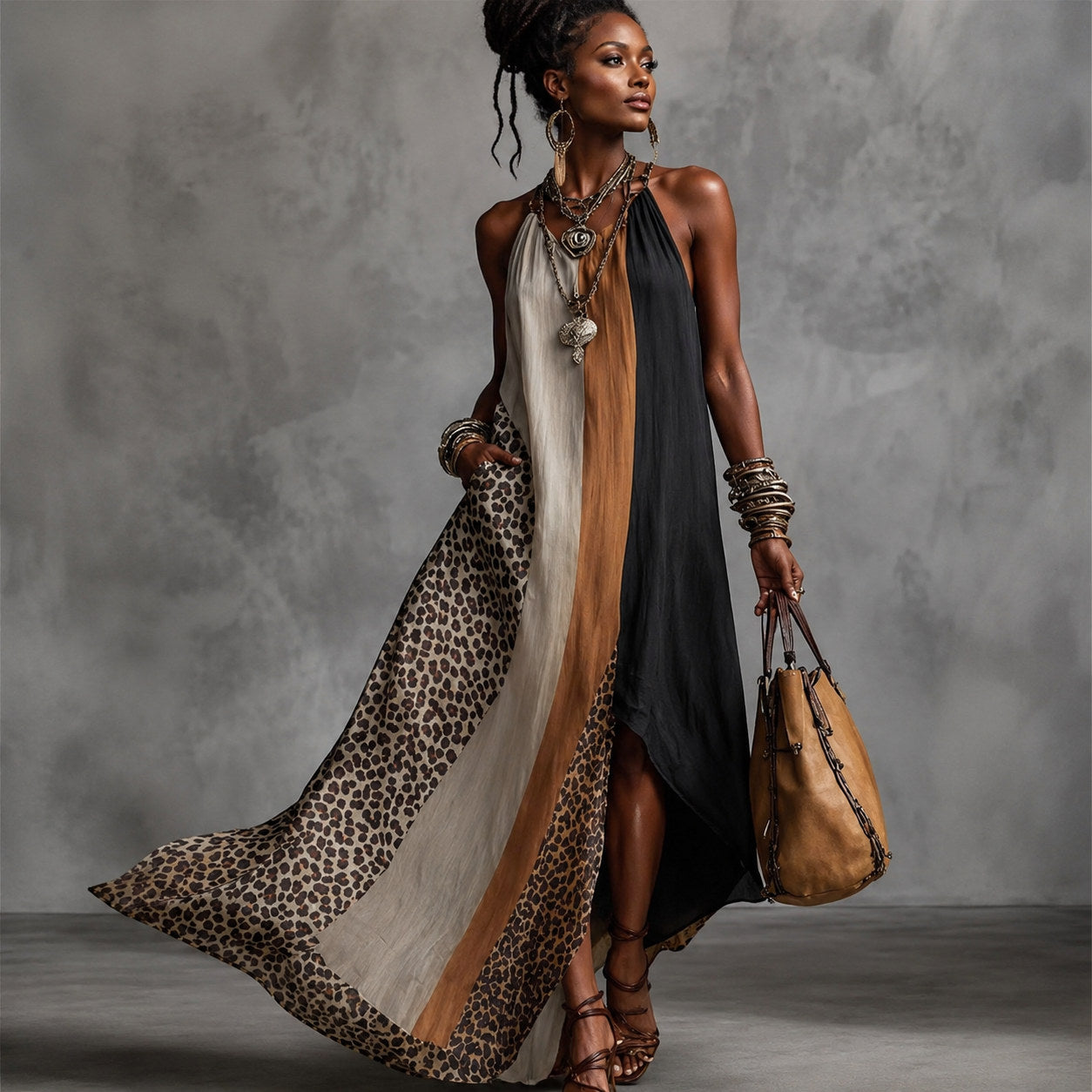 Halter Split Hem Maxi Sleeveless Dress Patchwork Animal Print