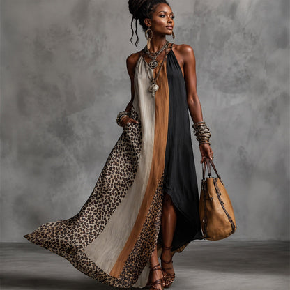 Halter Split Hem Maxi Sleeveless Dress Patchwork Animal Print