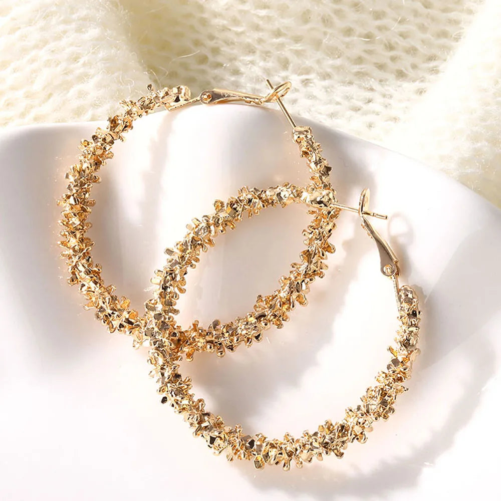 Embellished Gold Textured Hoop Earrings