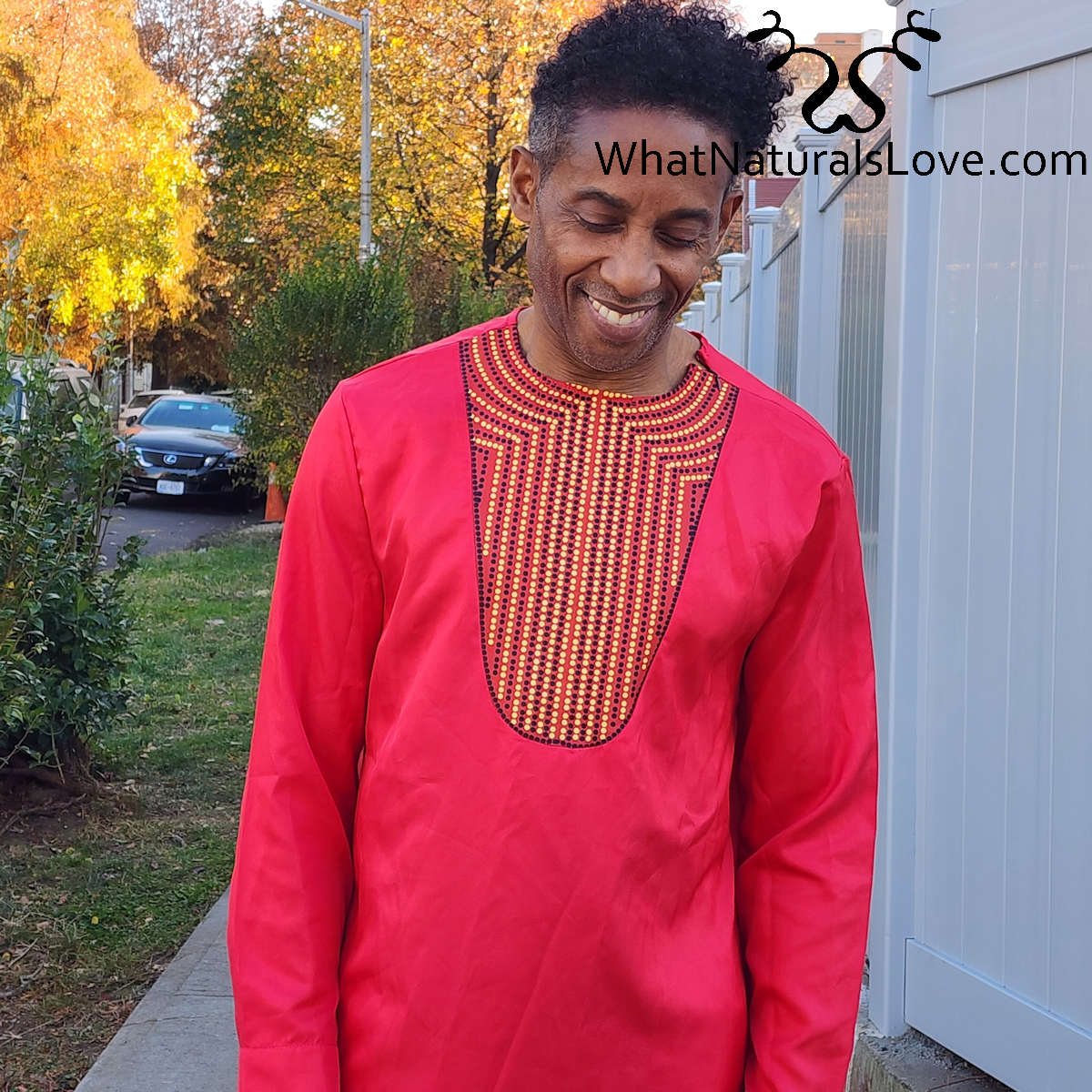 African Two-Piece Suit For Men Red O-Neck with Ethnic Broderie