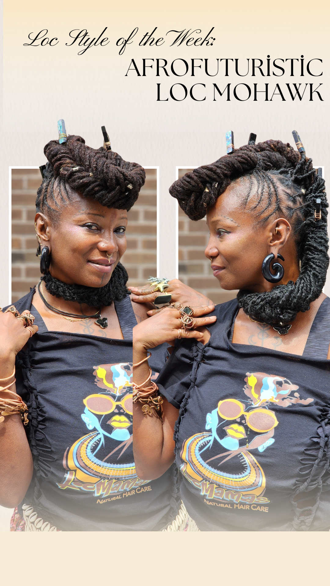 Two women with locs styled in an afrofuturistic mohawk, wearing matching t-shirts.