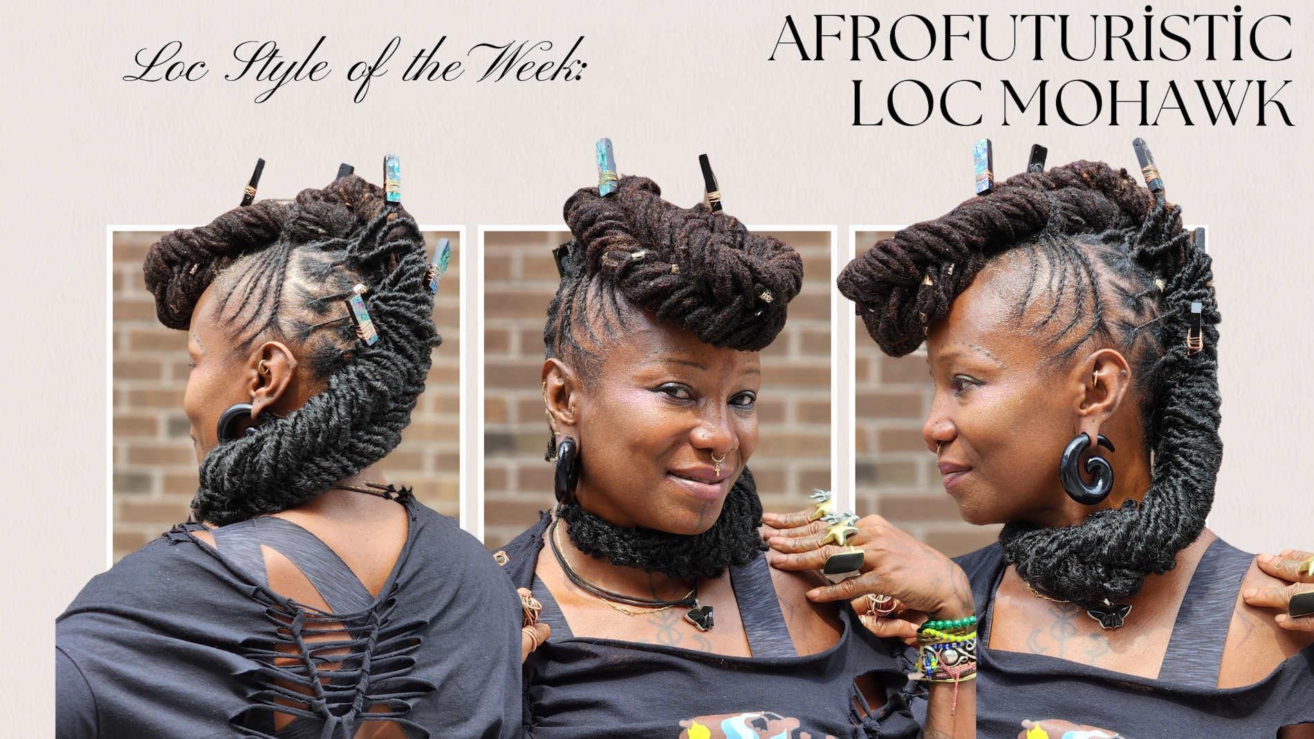 Three views of a person with an Afrofuturástic loc mohawk hairstyle, with text indicating it as the 'Style of the Week'.