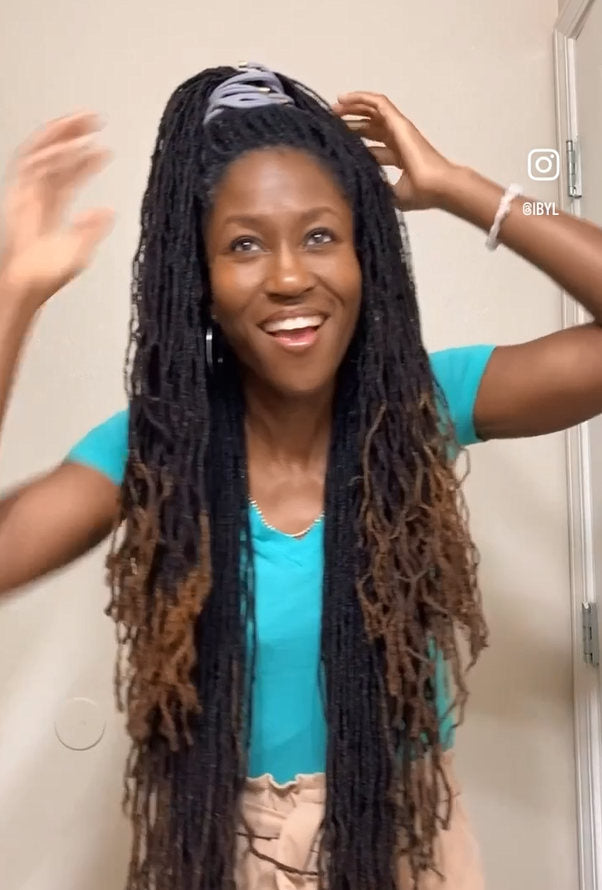 Loc style using the Non damaging Easy to use Ponytail Holder for Locs