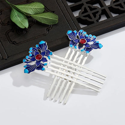  Lotus Hair Comb - Blue &amp; Silver