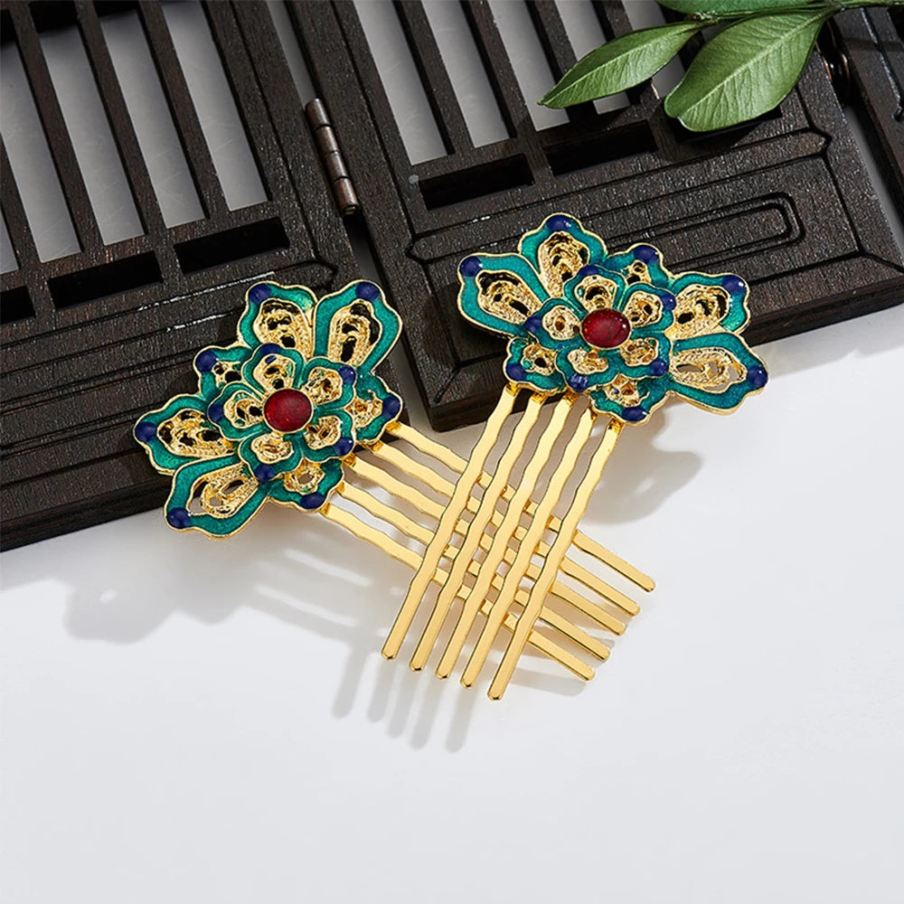  Lotus Hair Comb - Green &amp; Gold