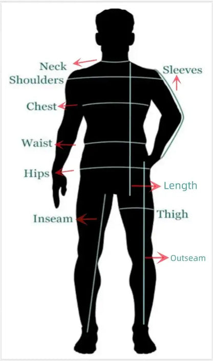 Body measurement guide for men, illustrating key areas such as neck, shoulders, chest, waist, hips, inseam, outseam, sleeves, and thigh for accurate sizing.
