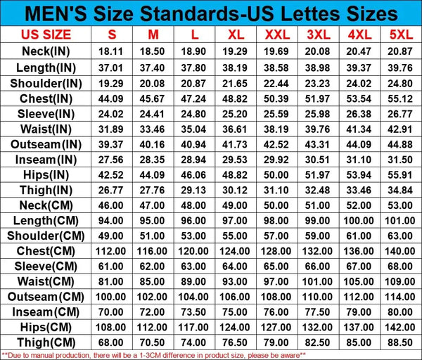 Men's size chart displaying US size standards from S to 5XL, including measurements for neck, chest, waist, hips, sleeves, inseam, and outseam for accurate fitting.
