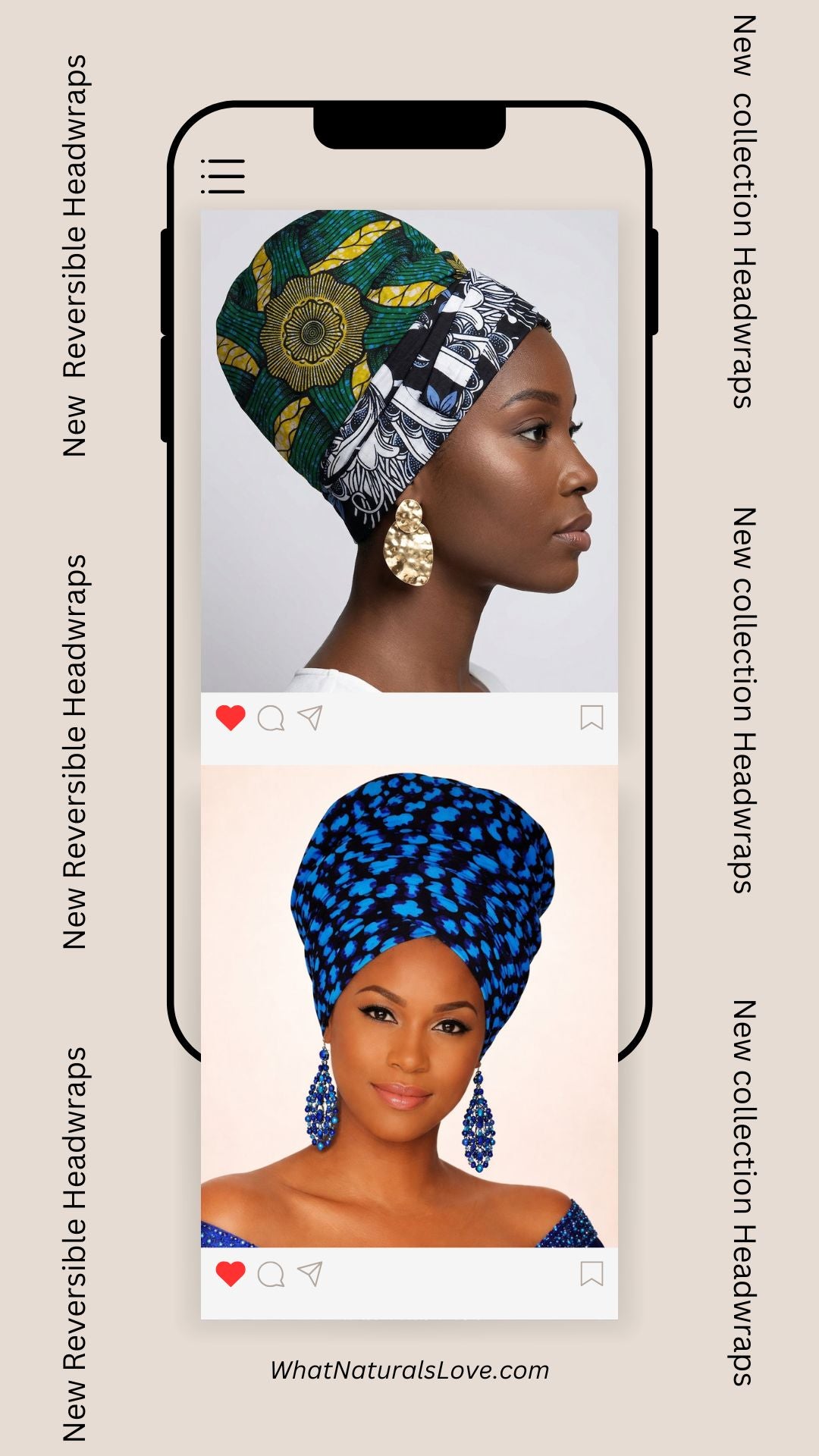 Two women wearing reversible headwraps with a smartphone interface showing product details.