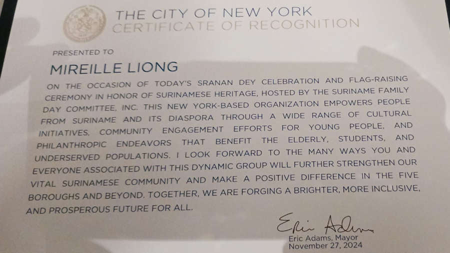Certificate of Recognition from the City of New York