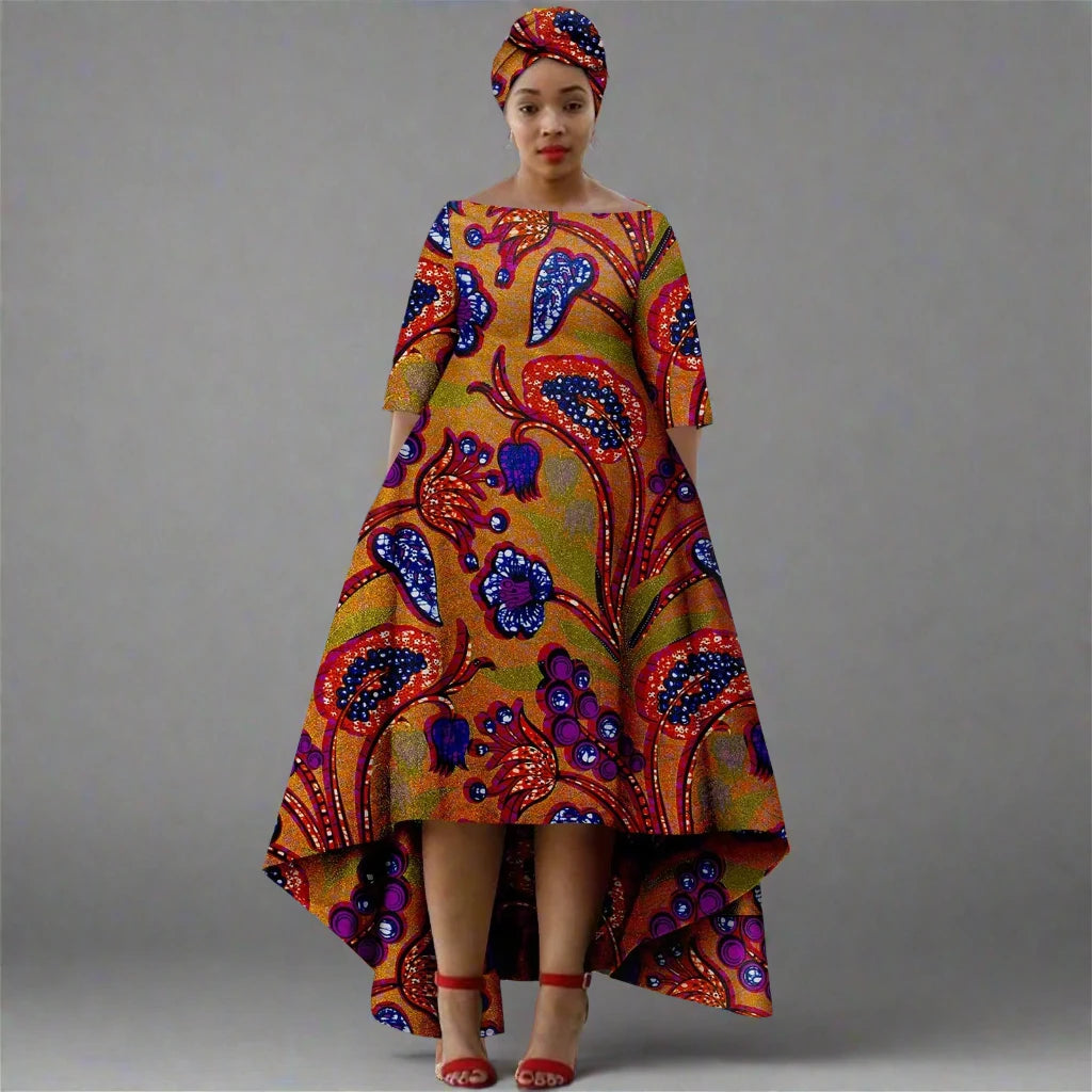 Elegant Dashiki Print High-Low Dress with Turban