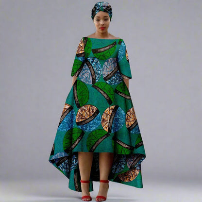 Elegant Dashiki Print High-Low Dress with Turban