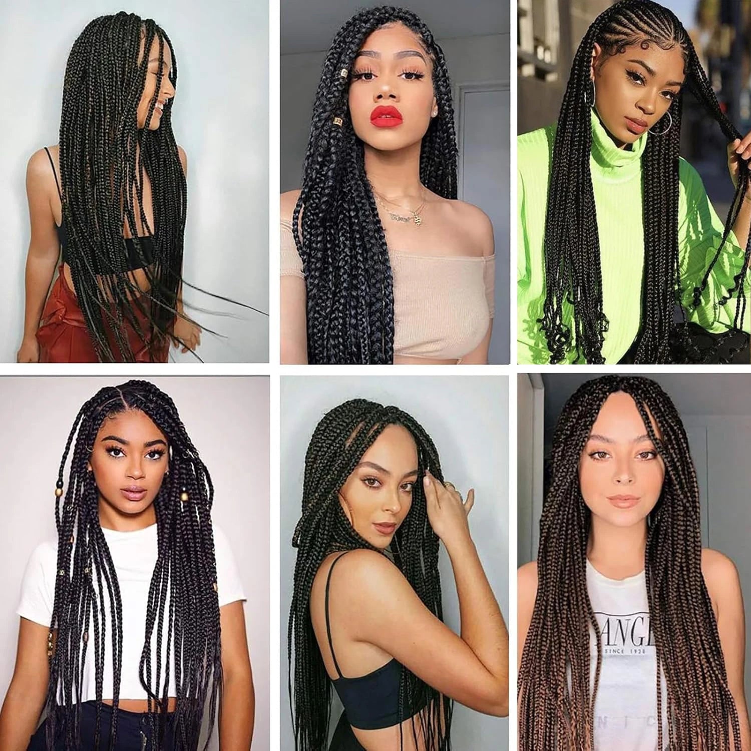 Six women with different hairstyles using  the black Pre Stretched Braiding Hair Extension 