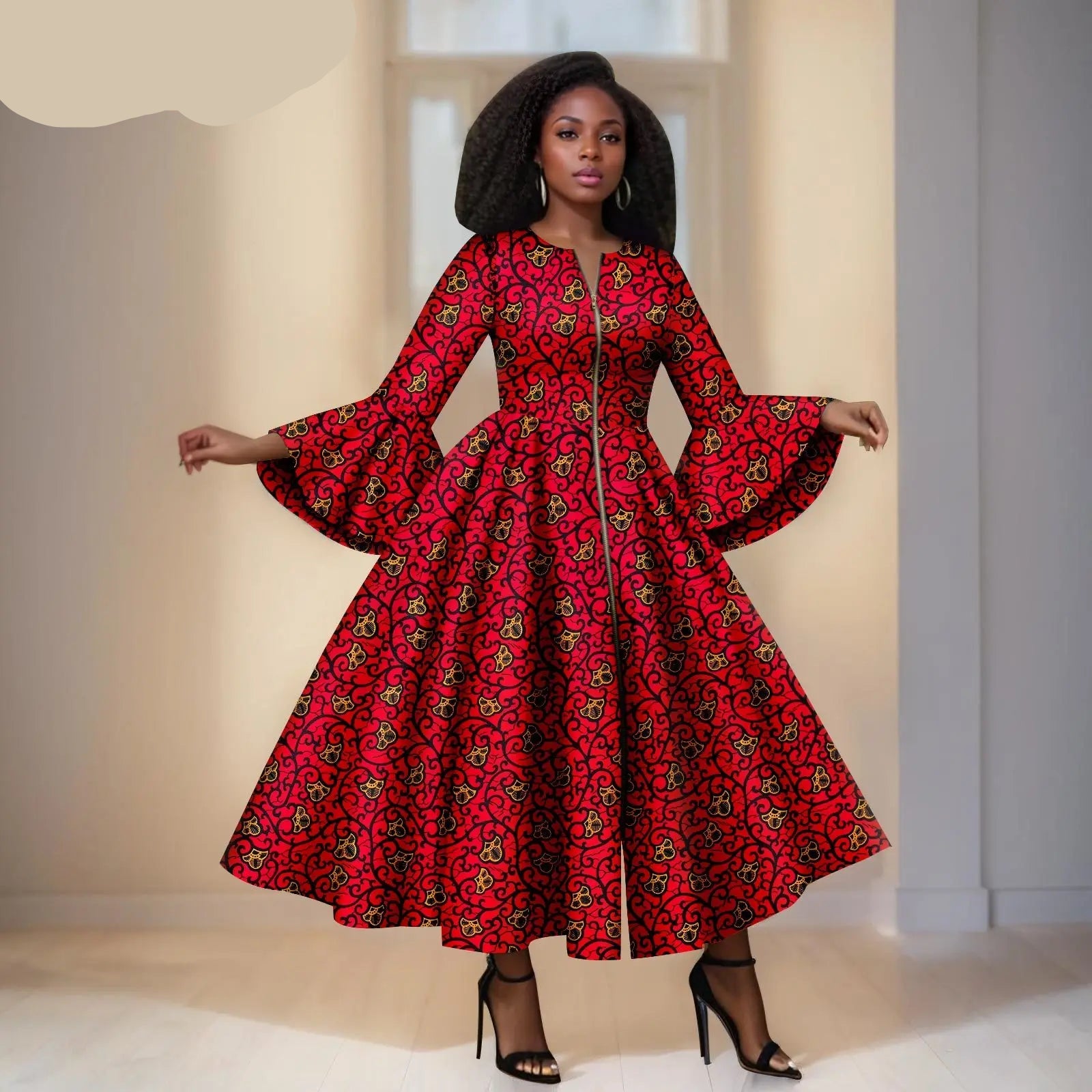 Red Ankara Maxi Dress  With Orange Details – Bell Sleeves &amp; Zipper Detail