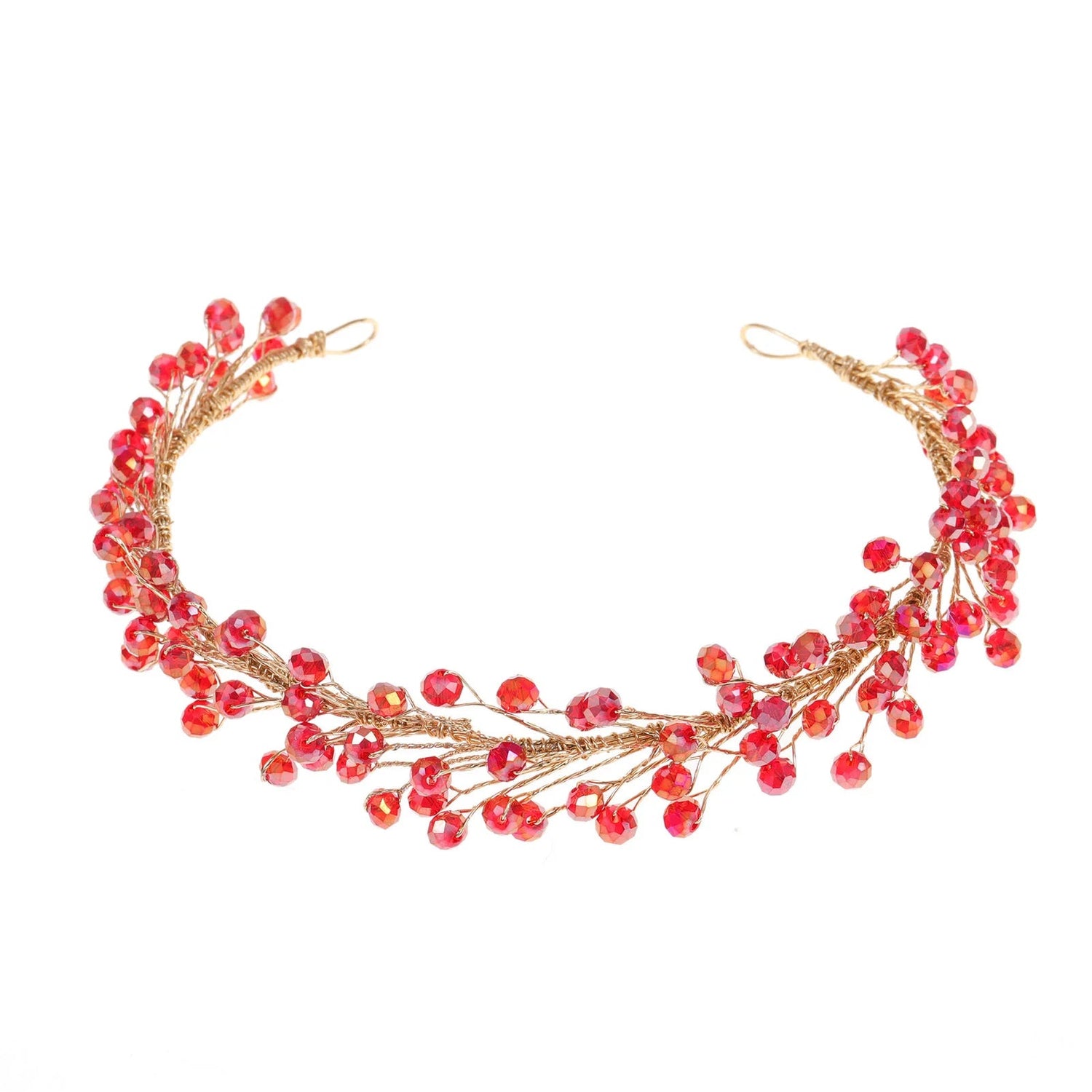 ELEGANT RED CRYSTAL BRIDAL HEADBAND WITH GOLD WIRE DESIGN, PERFECT FOR WEDDINGS AND SPECIAL OCCASIONS.