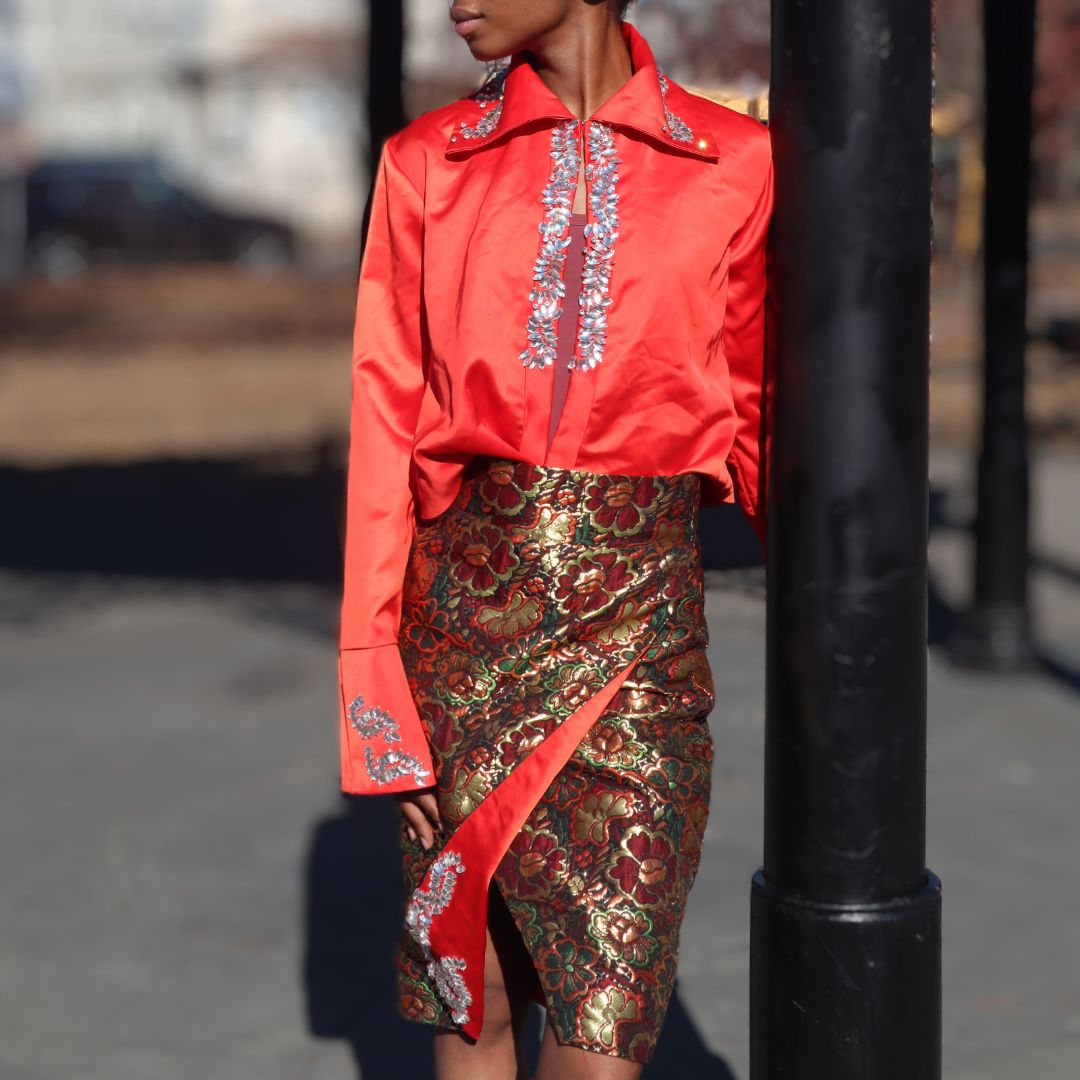 Luxurious Red and Gold Elegant Two-Piece Dress Set