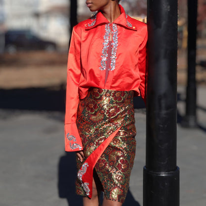 Luxurious Red and Gold Elegant Two-Piece Dress Set