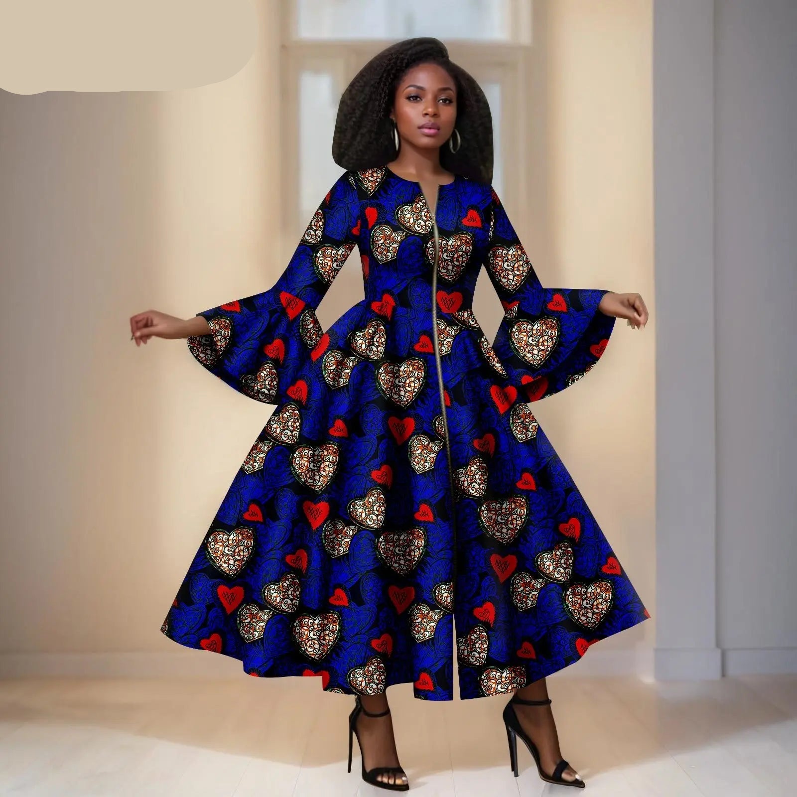 Royal Blue Ankara Maxi Dress  With Hearts in Red and Other Colours– Bell Sleeves &amp; Zipper Detail