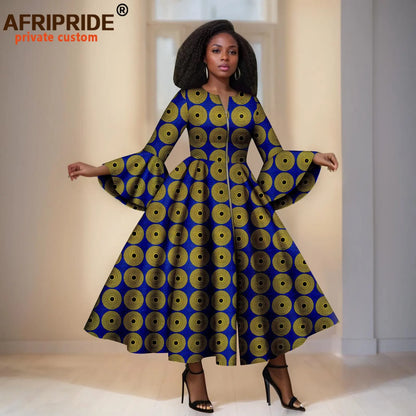 Royal Blue Ankara Maxi Dress With Yellow Circles &amp; Black Dots – Bell Sleeves &amp; Zipper Detail