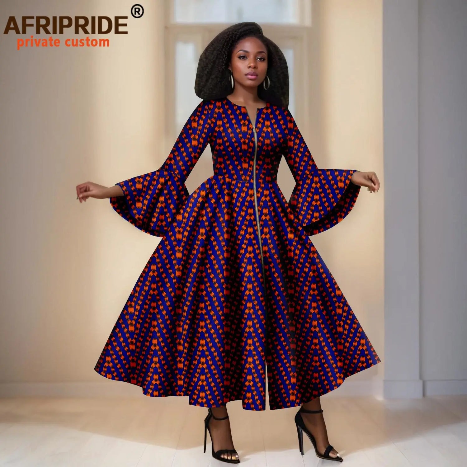 Royal Blue  Ankara Maxi Dress with Orange Patterns  – Bell Sleeves &amp; Zipper Detail