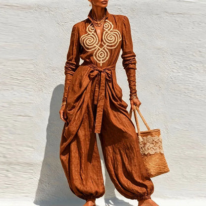 Boho Chic Embroidered Linen-Feel Polyester Jumpsuit – Multi-Wear Magic Statement Set