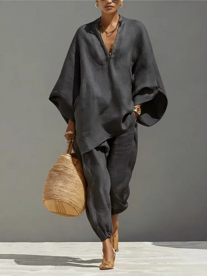 Women’s 2-Piece Linen Blend Lounge Set - Oversized Batwing Tunic &amp; Tapered Joggers