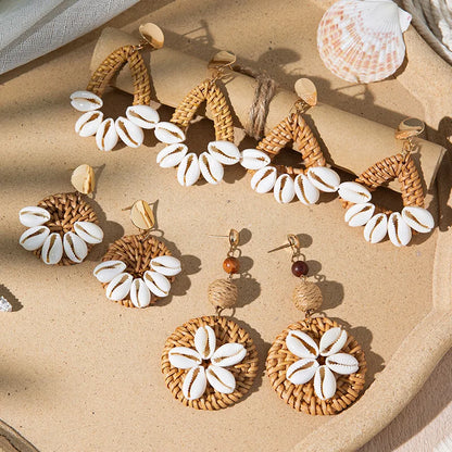 Handmade Rattan &amp; Cowrie Shell Drop Earrings | Boho Beach Statement Jewelry | Natural Woven Wicker Dangle Earrings with Wood Beads