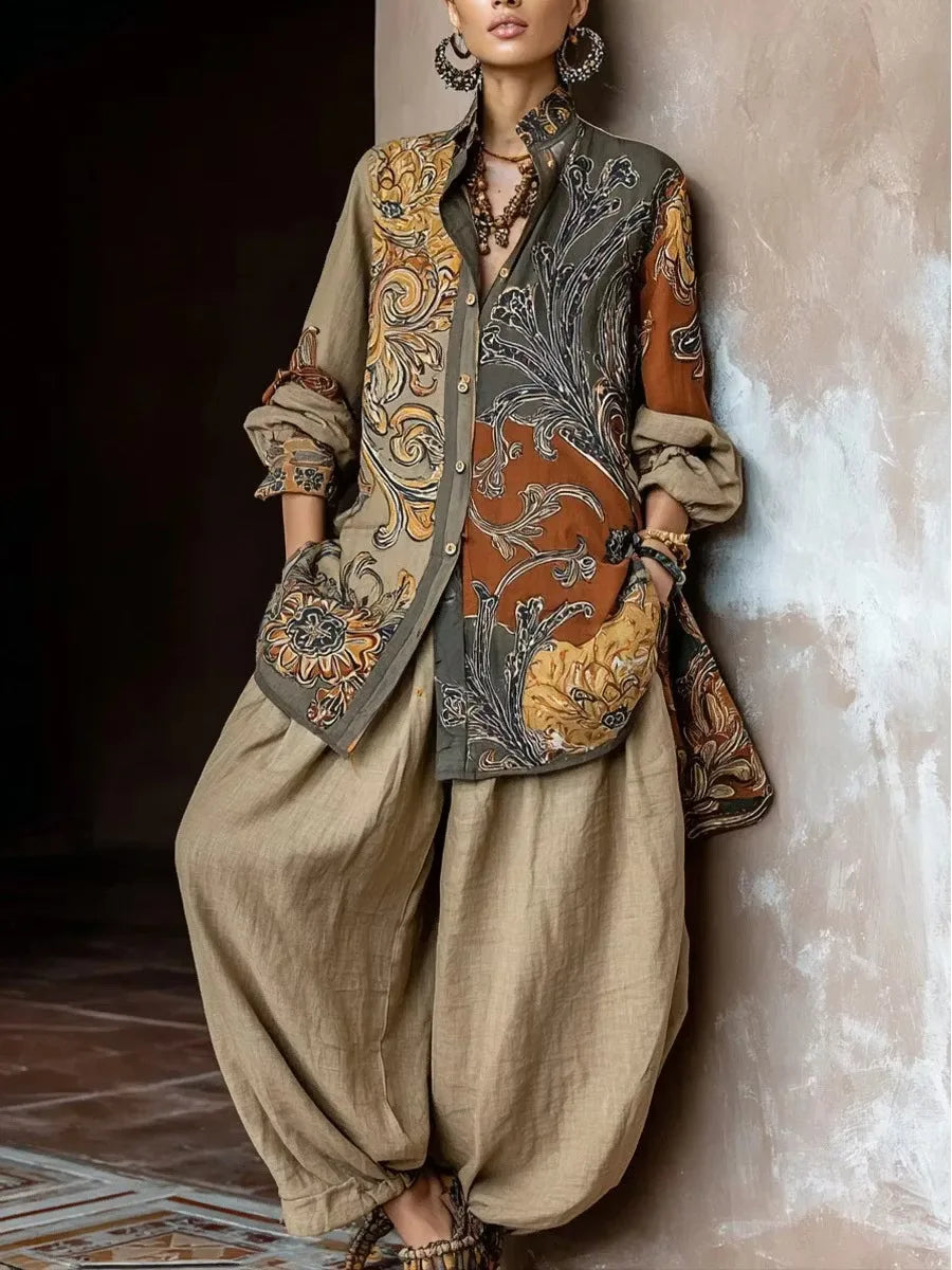 Pantset Outfit Long Sleeve Cotton/Linen Vintage Print with Loose Wide-leg Pants