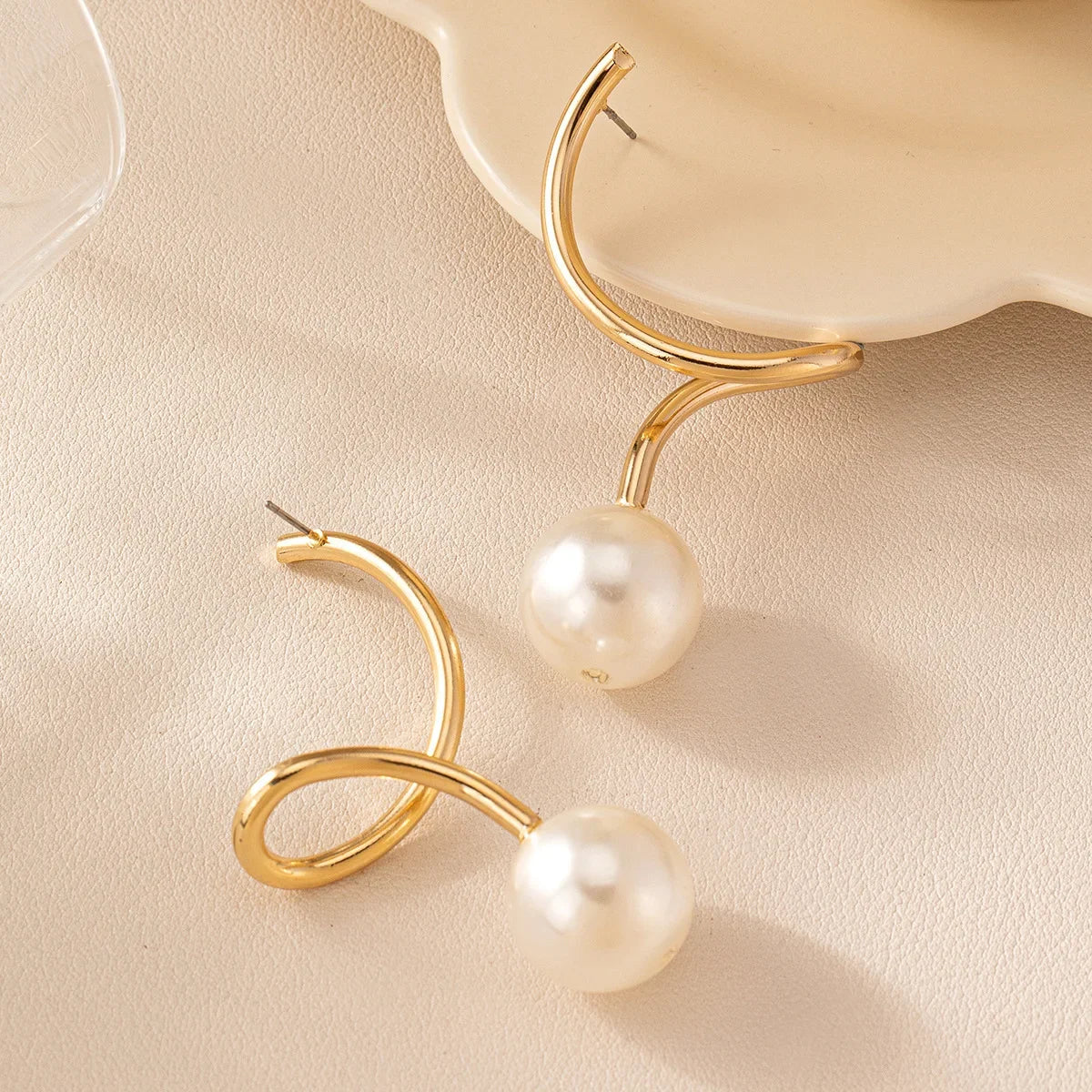 Curved Gold Arc Pearl Drop Earrings