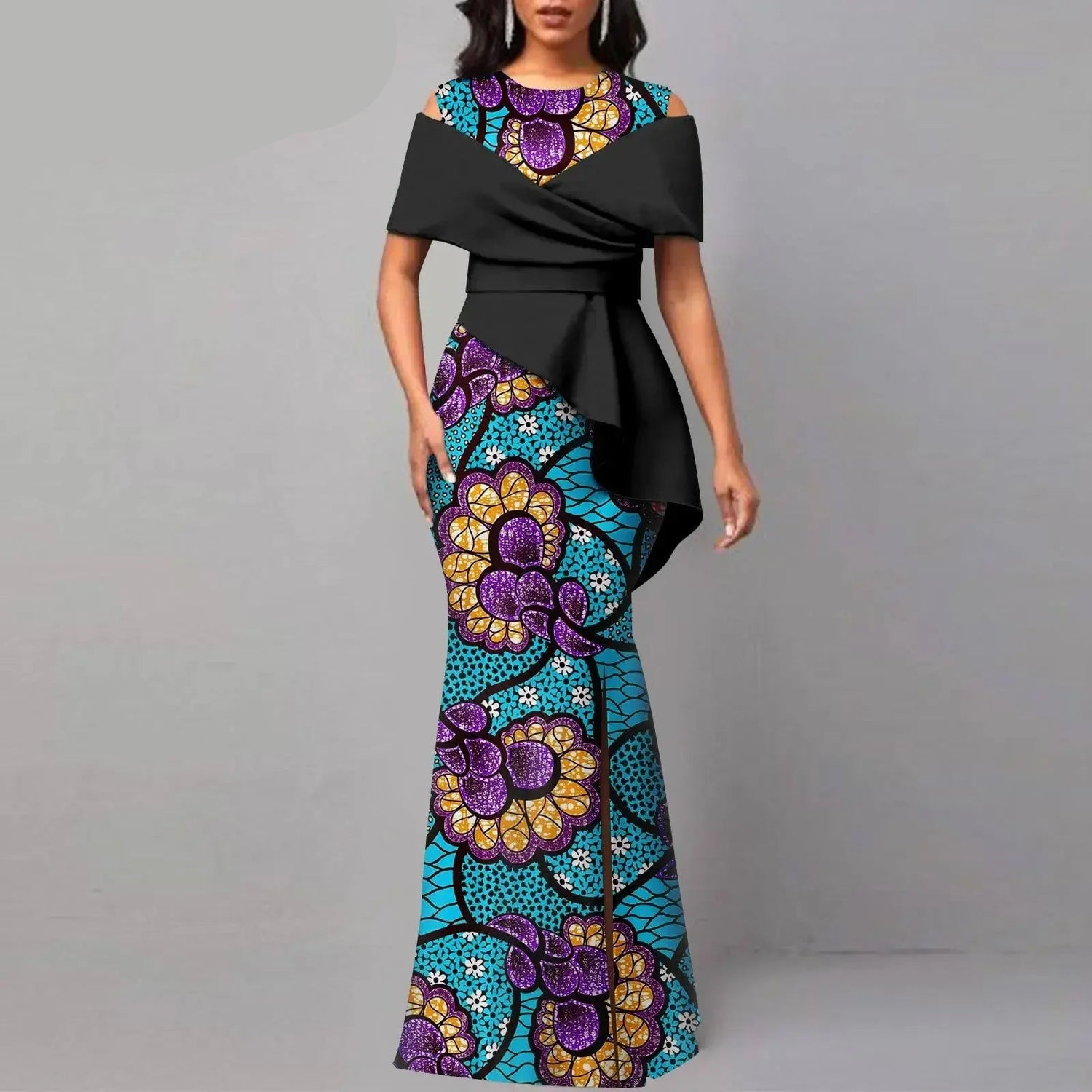 Off The Shoulders African Maxi Dress O-neck High Waist Ankara Attire
