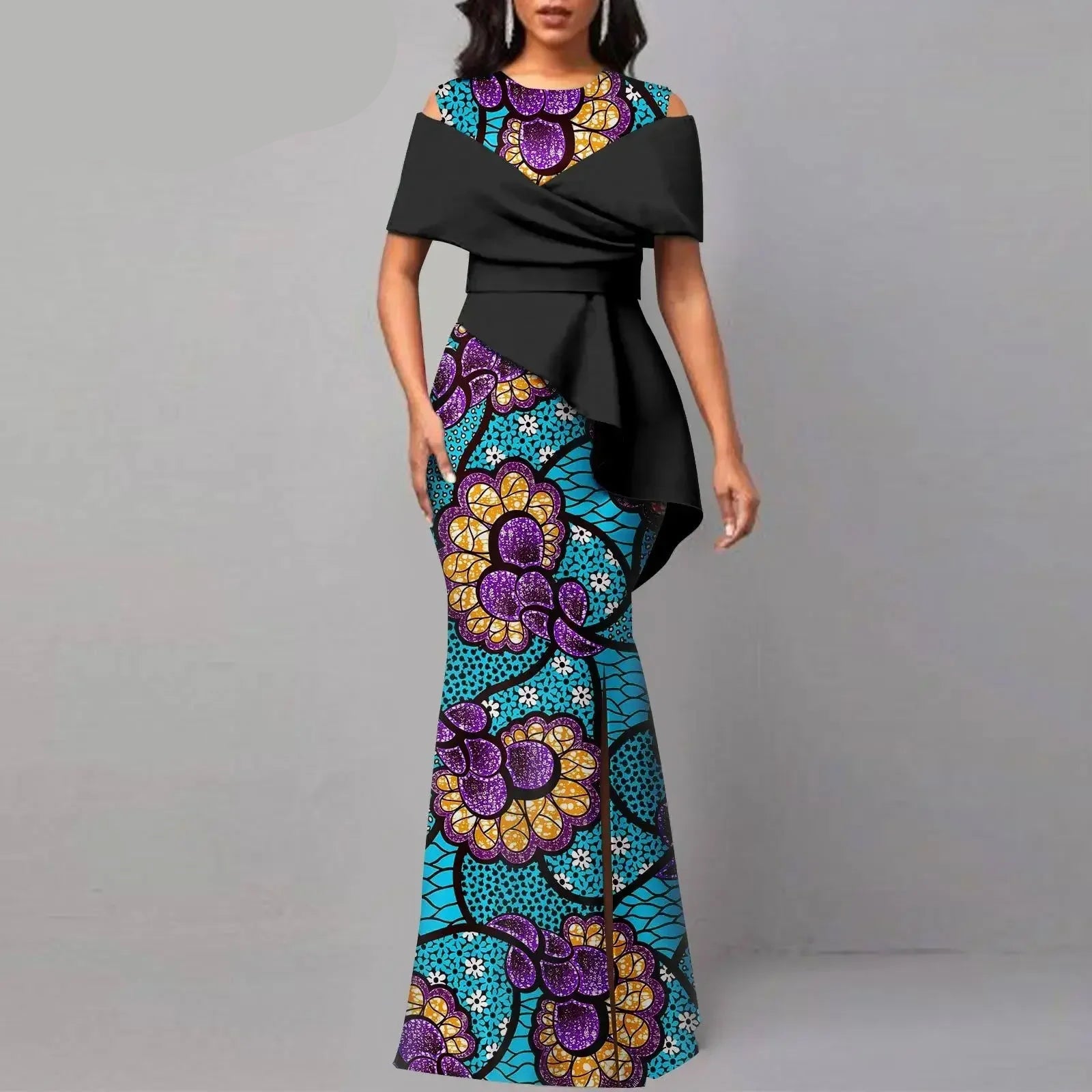 Off The Shoulders African Maxi Dress O-neck High Waist Ankara Attire