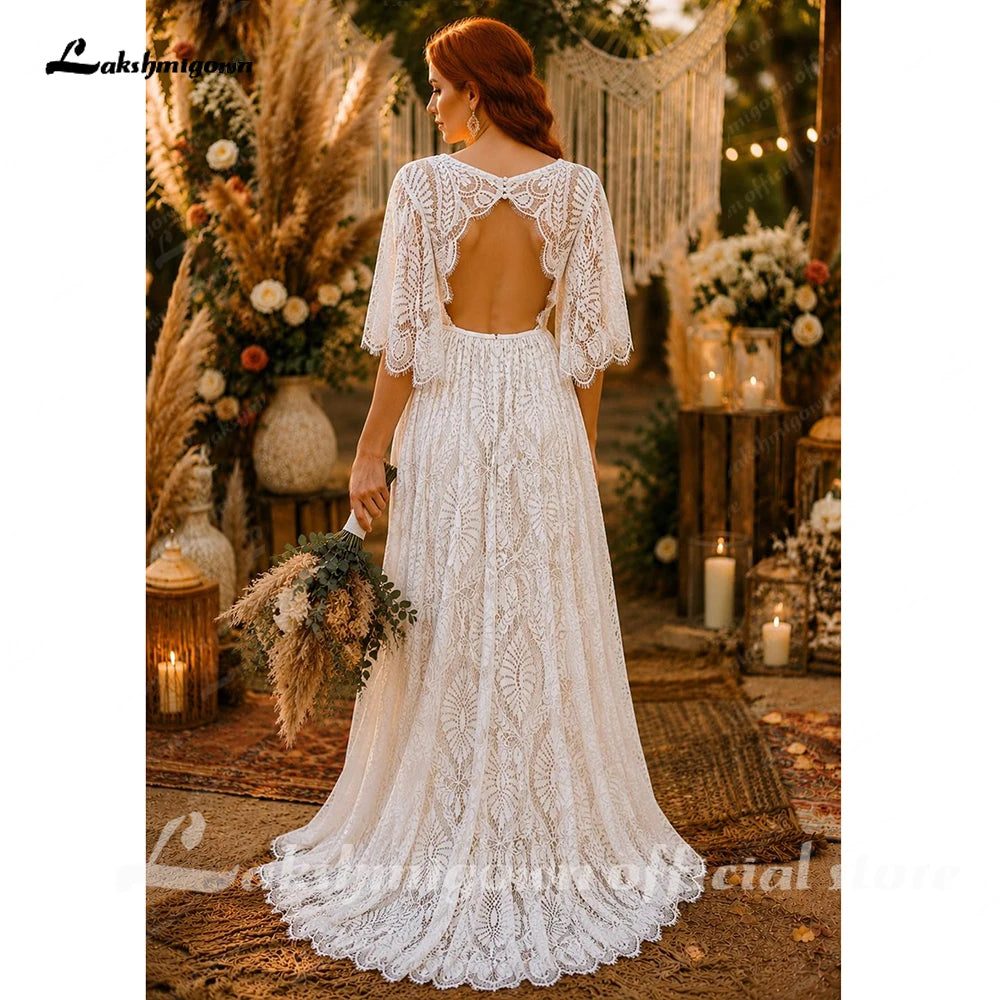 High Neck Flare Sleeves Boho Lace Plus Size Wedding Dress Bohemian