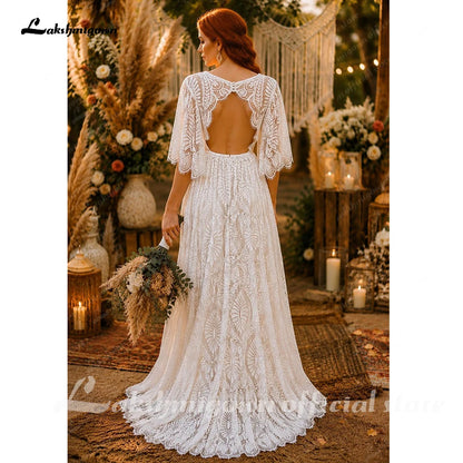 High Neck Flare Sleeves Boho Lace Plus Size Wedding Dress Bohemian