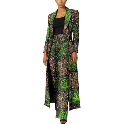 Elegant African Print Two-Piece Suit: Long Tailored Jacket &amp; Wide Leg Pants - Ankara