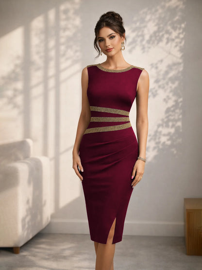 Elegant Sleeveless Dress with Gold Accent and Split