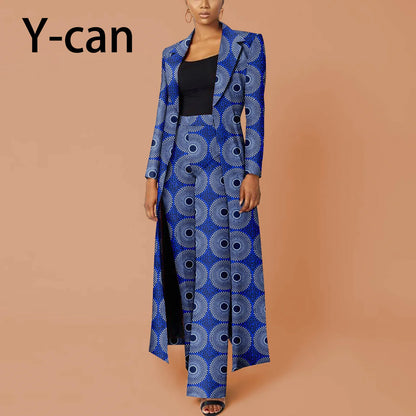 Elegant African Print Two-Piece Suit: Long Tailored Jacket &amp; Wide Leg Pants - Ankara