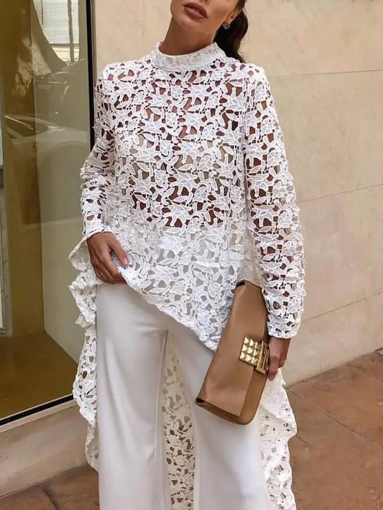 White Lace Long Sleeve Tops for Women - Stylish Blouse