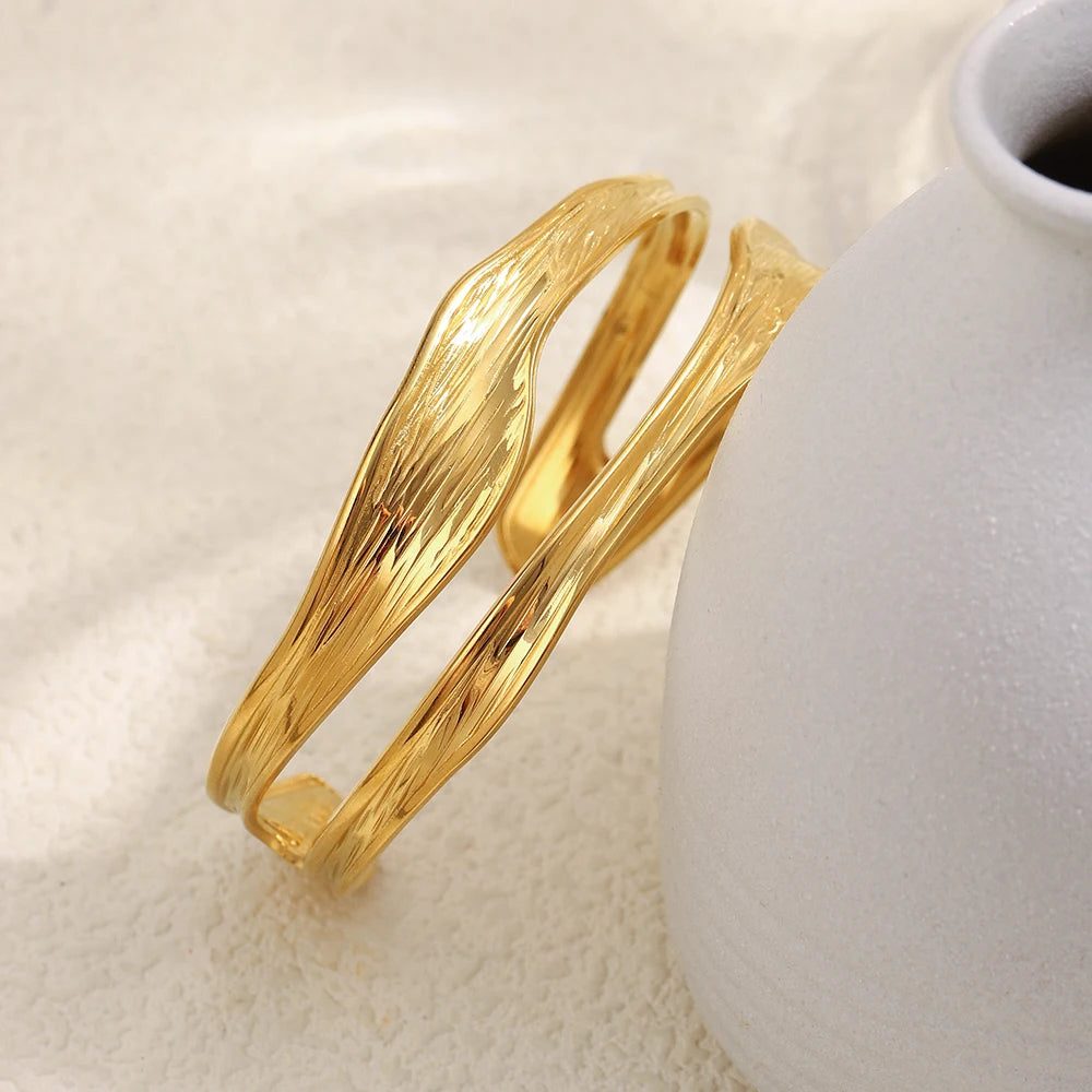 Double Layers Wavy Texture Oil Pressure Bracelet Stainless Steel Tarnish Free Jewelry For Women&