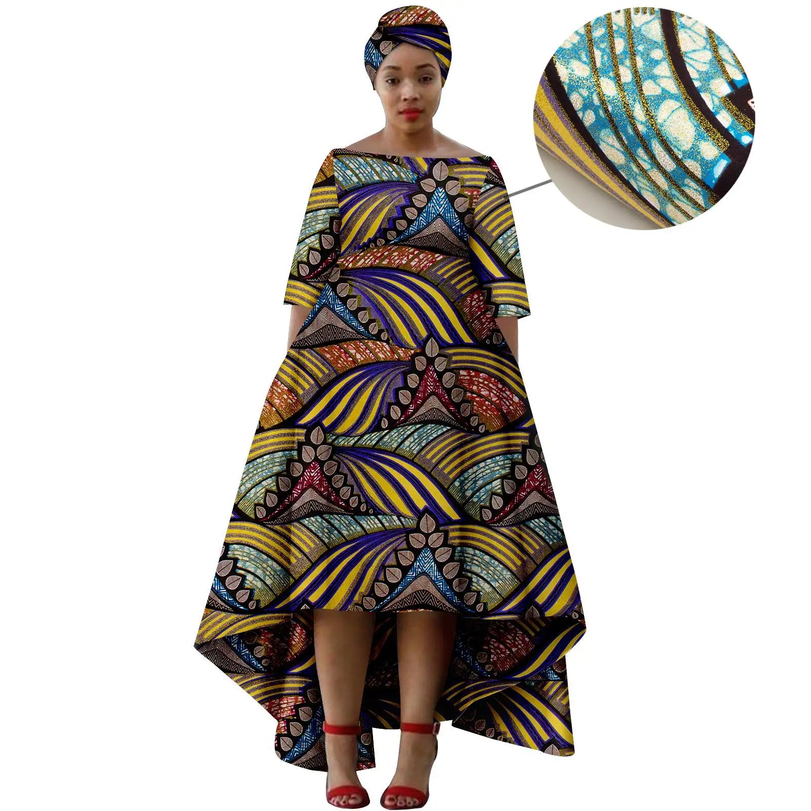 Elegant Dashiki Print High-Low Dress with Turban