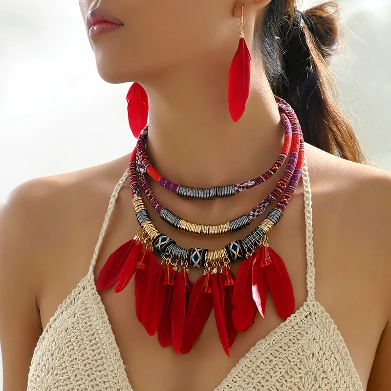 Crimson Cascade: Afrocentric Beaded Necklace and Earrings Set