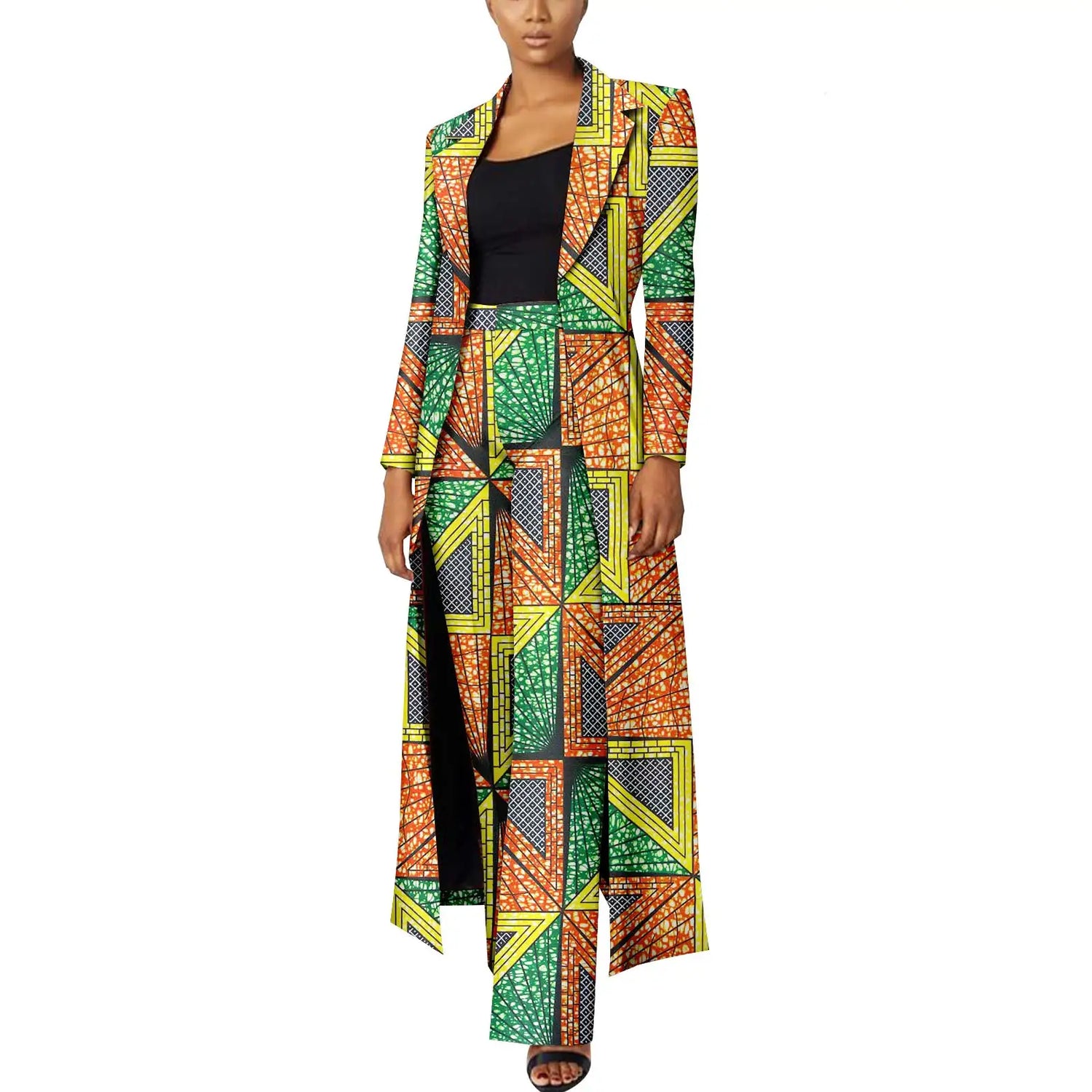 Elegant African Print Two-Piece Suit: Long Tailored Jacket &amp; Wide Leg Pants - Ankara